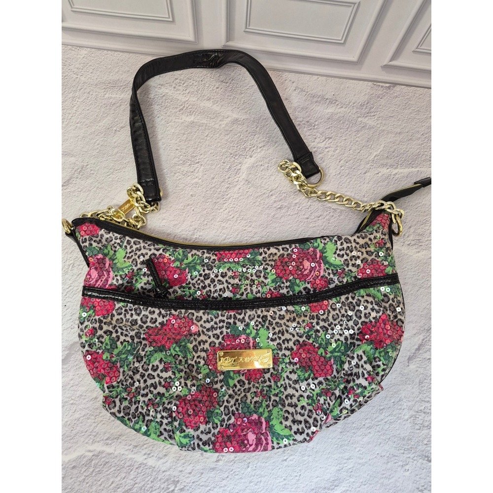 Betsey Johnson Leopard Floral Sequin Shoulder Bag Pink Roses Gold Chain Hobo